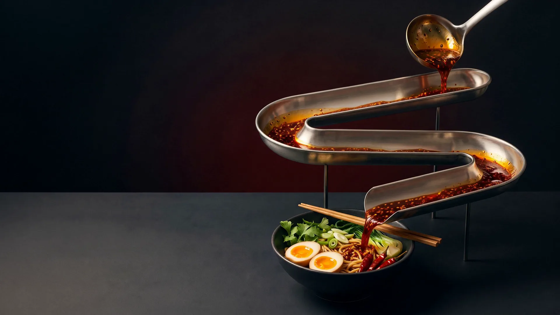 A steel ladle pours thick red chilli oil into an open steel channel that winds down in two turns and runs into a dark bowl of noodles with a soft egg, bok choy, spring onion, coriander and dried red chillies.