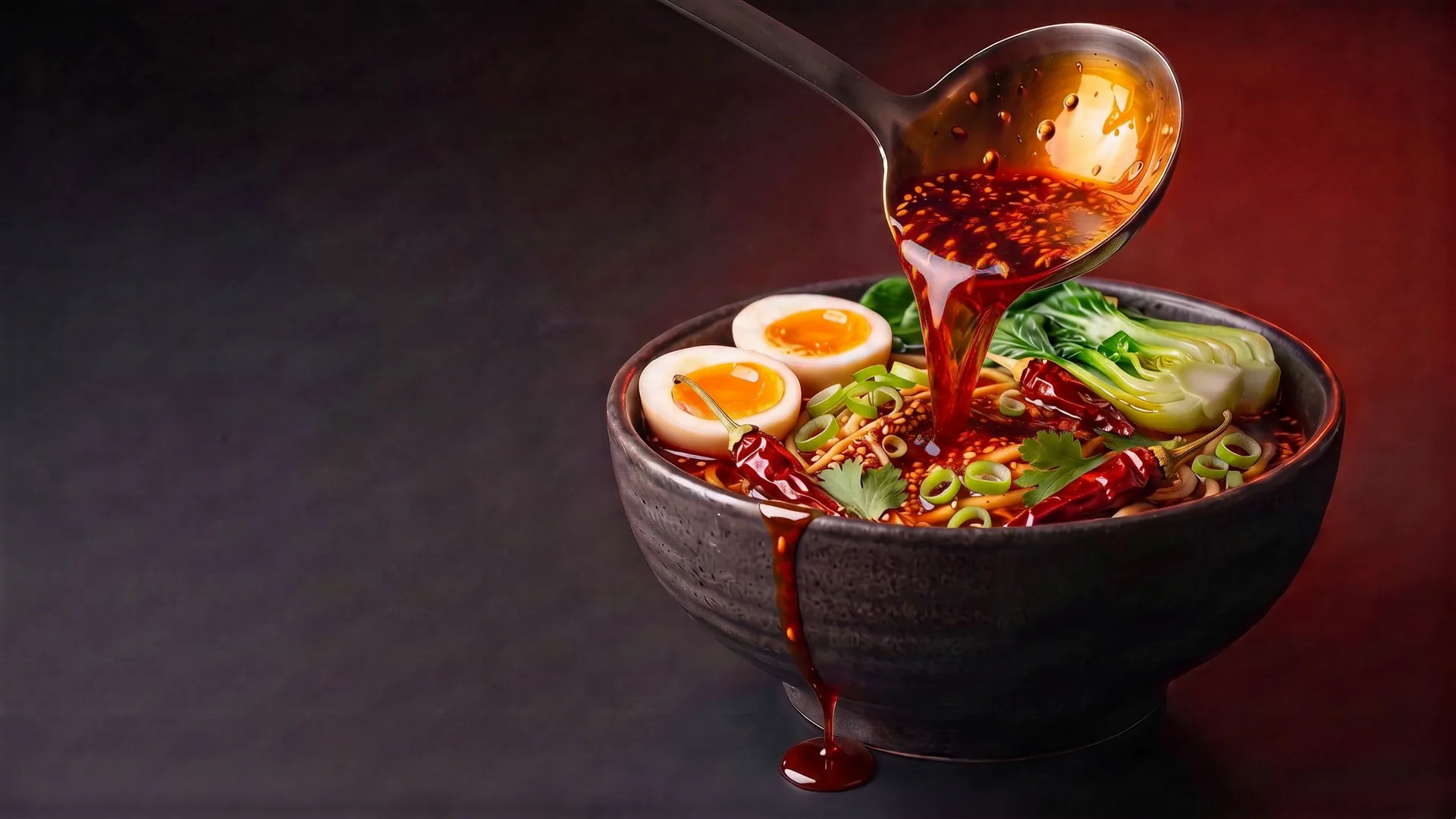A dark bowl of noodles with a soft egg, bok choy, coriander and dried red chillies, thick red chilli oil pouring from a steel ladle and one drip running down to a small pool on the table.