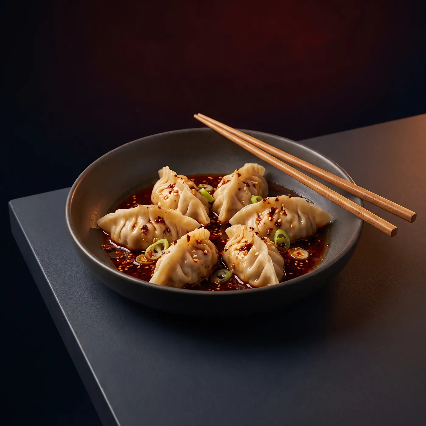 Pleated dumplings sitting in a pool of chilli oil with sesame and spring onion, chopsticks across the bowl.