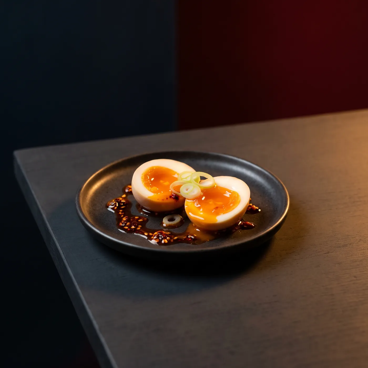 Two halves of a soft-boiled egg with jammy yolks, chilli oil and spring onion spooned over them.