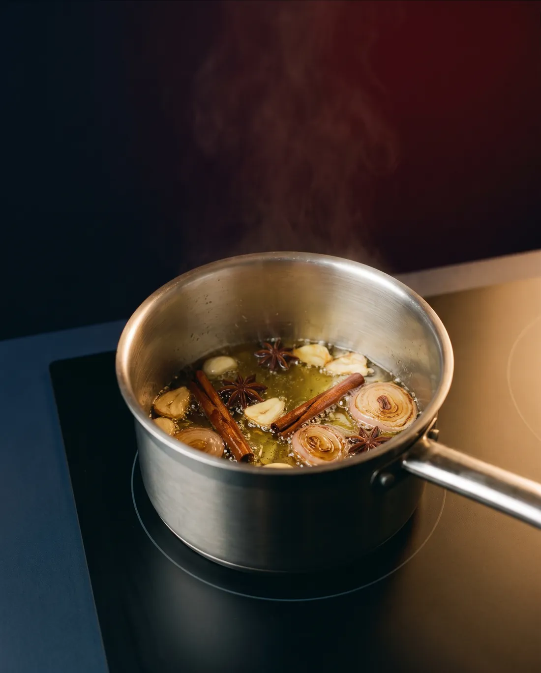 Star anise, cinnamon bark, garlic and shallot turning golden in a steel pan of bubbling oil.