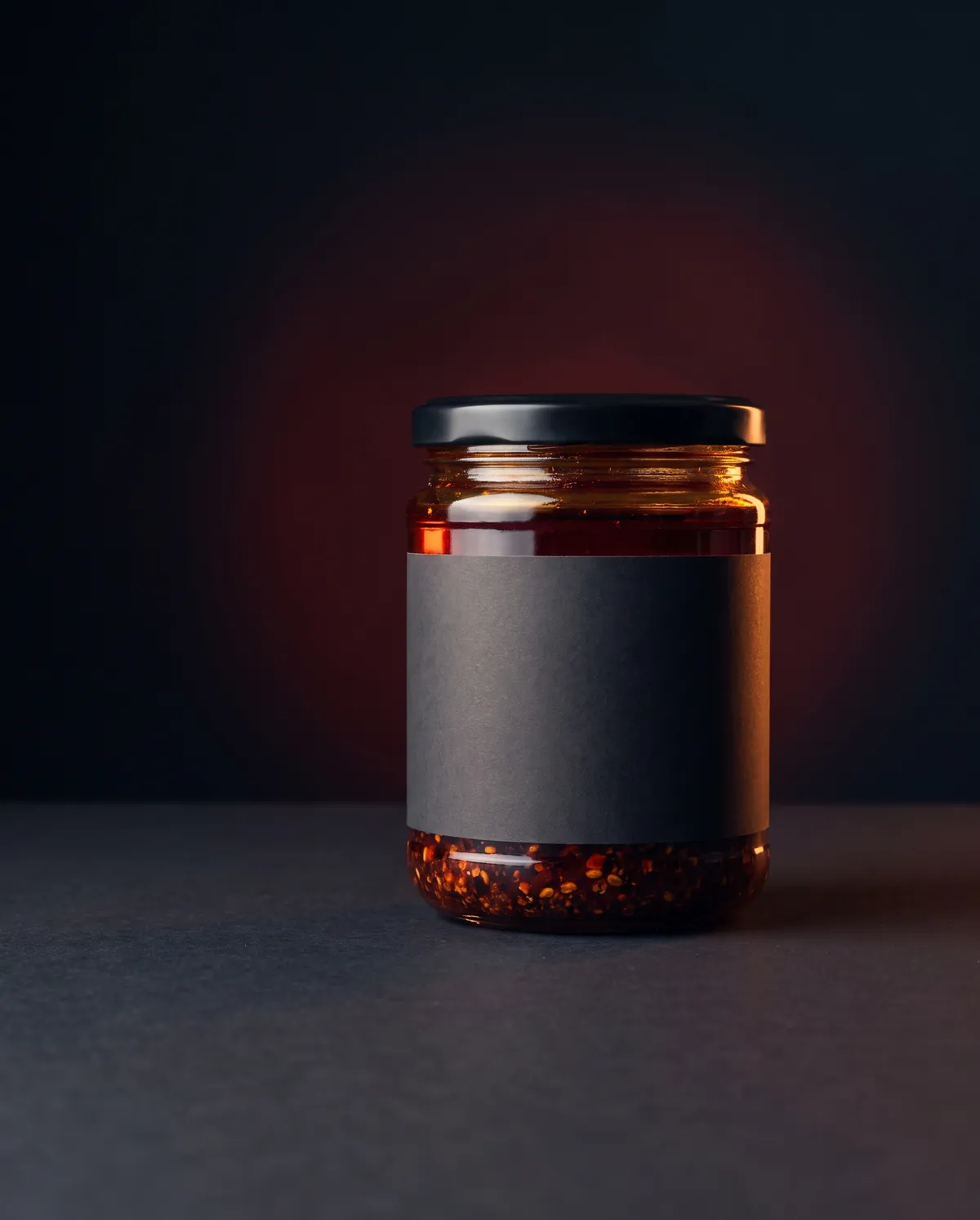 A jar of medium chilli oil, deep red, with chilli flakes and sesame settled at the bottom.