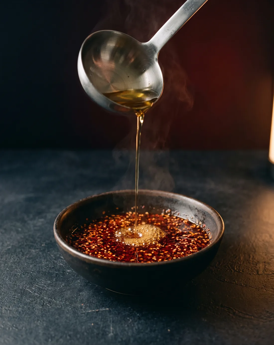 A ladle pouring a thin stream of hot oil onto crushed chilli flakes and sesame in a dark bowl.
