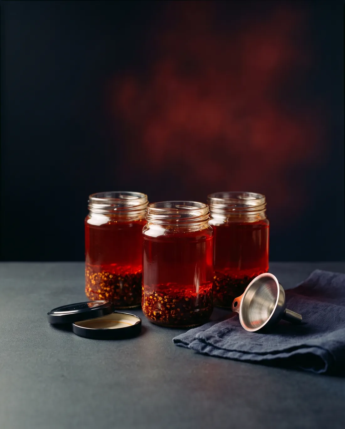 Three open jars of finished chilli oil resting beside their lids and a small steel funnel.